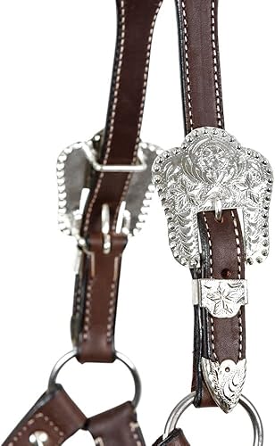 Miniatura 7 de Schneiders Cabestro con cuentas chapadas en plata para caballos con plomo, piel aceitada oscura, costuras de acento crema, mejillas, nariz y