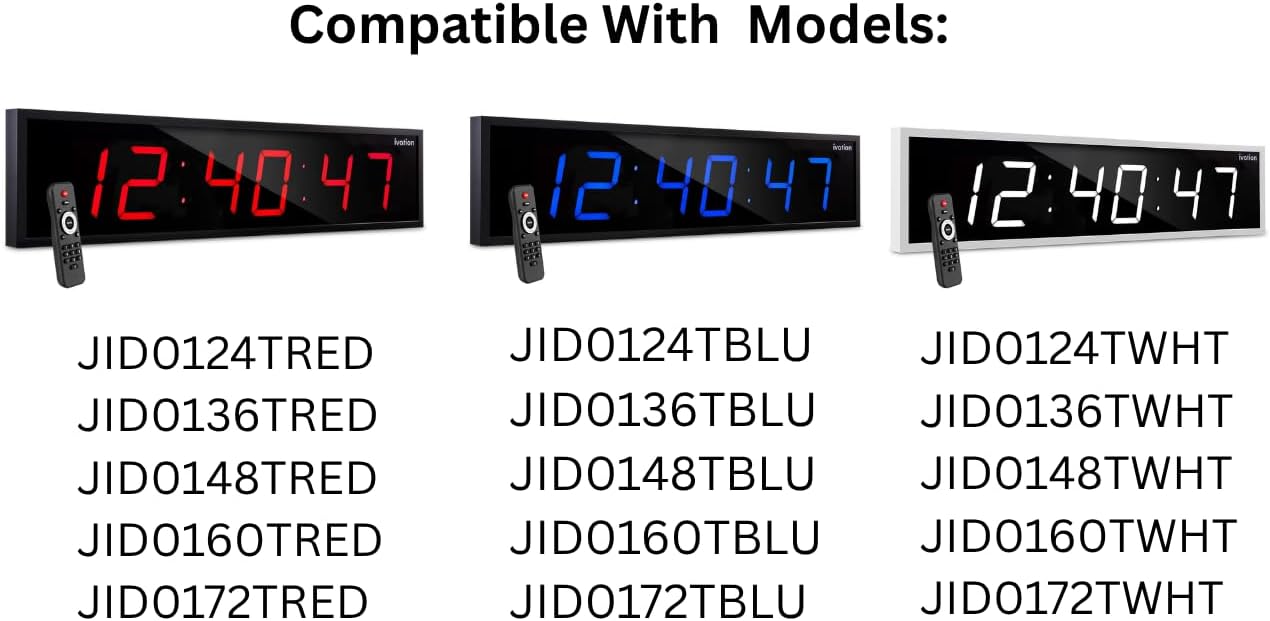 Image showing three Ivation Large Digital LED Timer Clocks in red, blue, and white, with a remote control next to each, and a list of compatible model numbers below.
