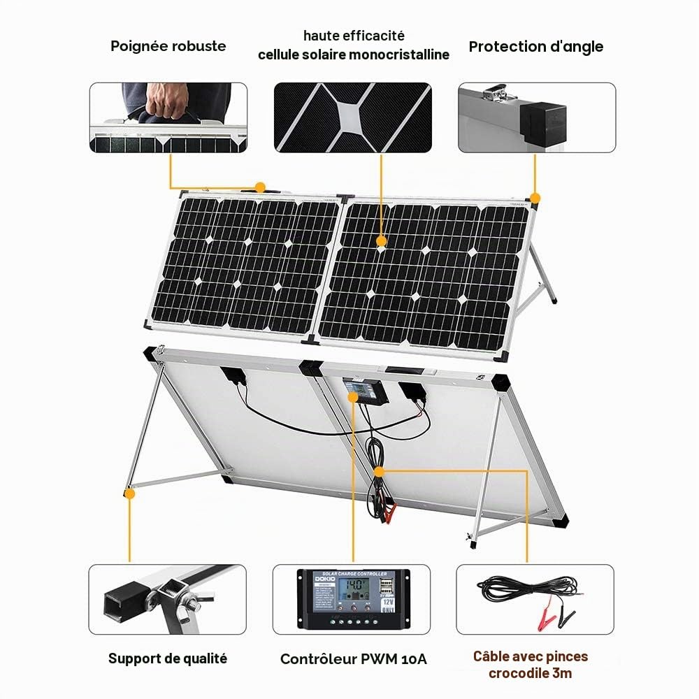 DOKIO Kit Panneau solaire PLIABLE 100WC - 12V AVEC INVERSEUR Solaire 2 ports USB Idéal pour les utilisations embarquées comme le bateau, camping-car, véhicule divers