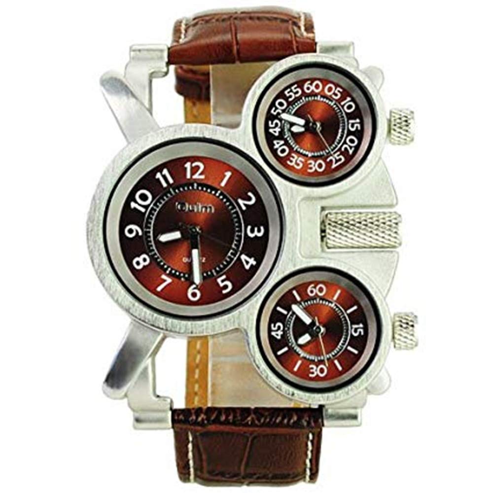 Luxury Round Metal Dial Watch with Three Quartz Movement and PU Leather Band