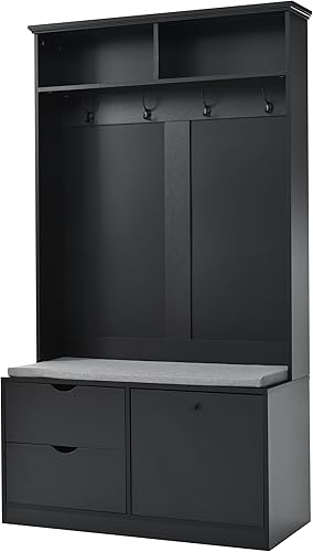 Miniatura 6 de VilroCaz Árbol de pasillo versátil 5 en 1 con 4 ganchos resistentes y cojín, perchero de madera de 40.6 pulgadas de ancho, armario de zapatos con 2