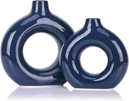 LCCCK Jarrones de cerámica para decoración del hogar, jarrón azul marino para hierba de pampas, jarrón de dona, centro de mesa de comedor moderno