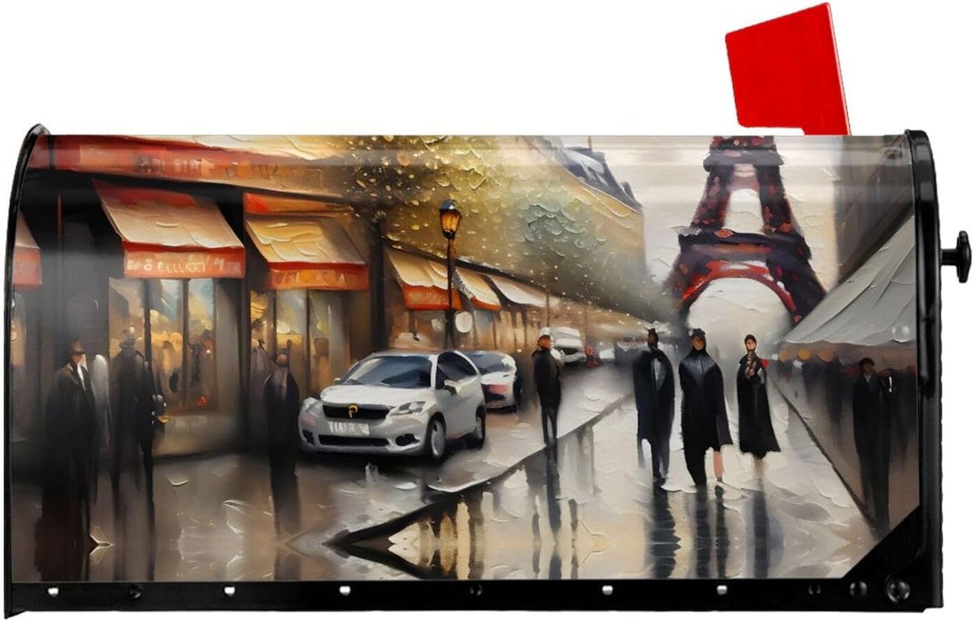 Oil Painting Paris Street Scene Eiffel Tower Mailbox Covers Magnetic Post Box Cover Wraps Standard Size 21x18 Inches for Garden Yard Decor