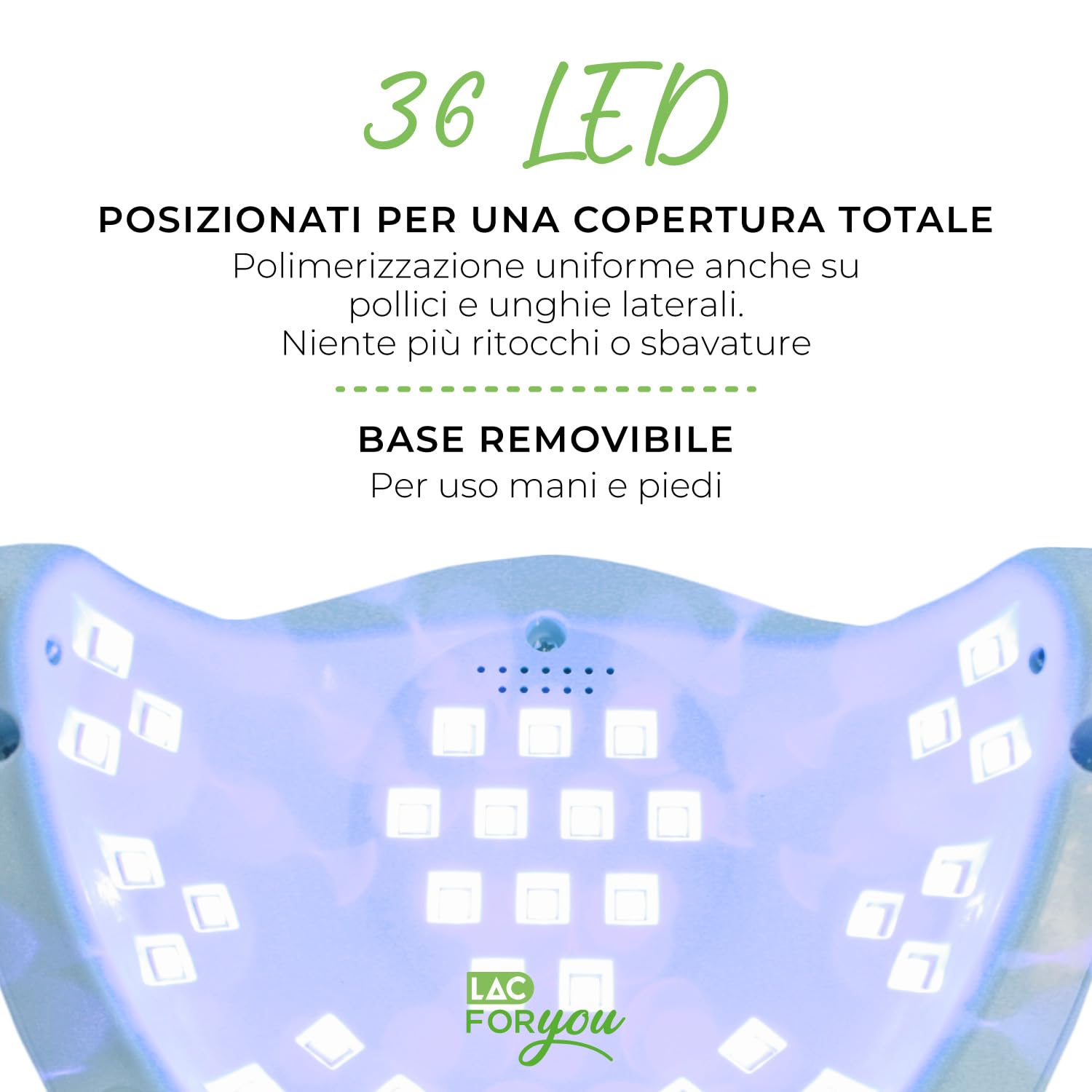 LAC FOR YOU Lampada UV Led Unghie 36 LED 365 + 405 nm – Fornetto Unghie con 4 Timer 10/30/60/99 s Low-Heat, Display LCD, Base Rimovibile – Asciuga Gel & Semipermanente