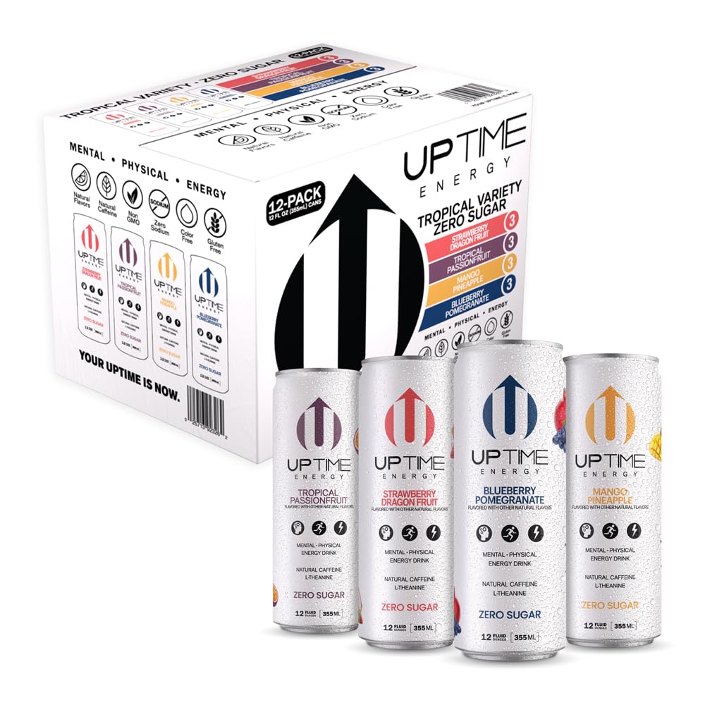 UPTIME - Tropical Variety 12 Pack - Zero Sugar Premium Energy Drink, 12oz Cans, Natural Caffeine, Natural Flavors