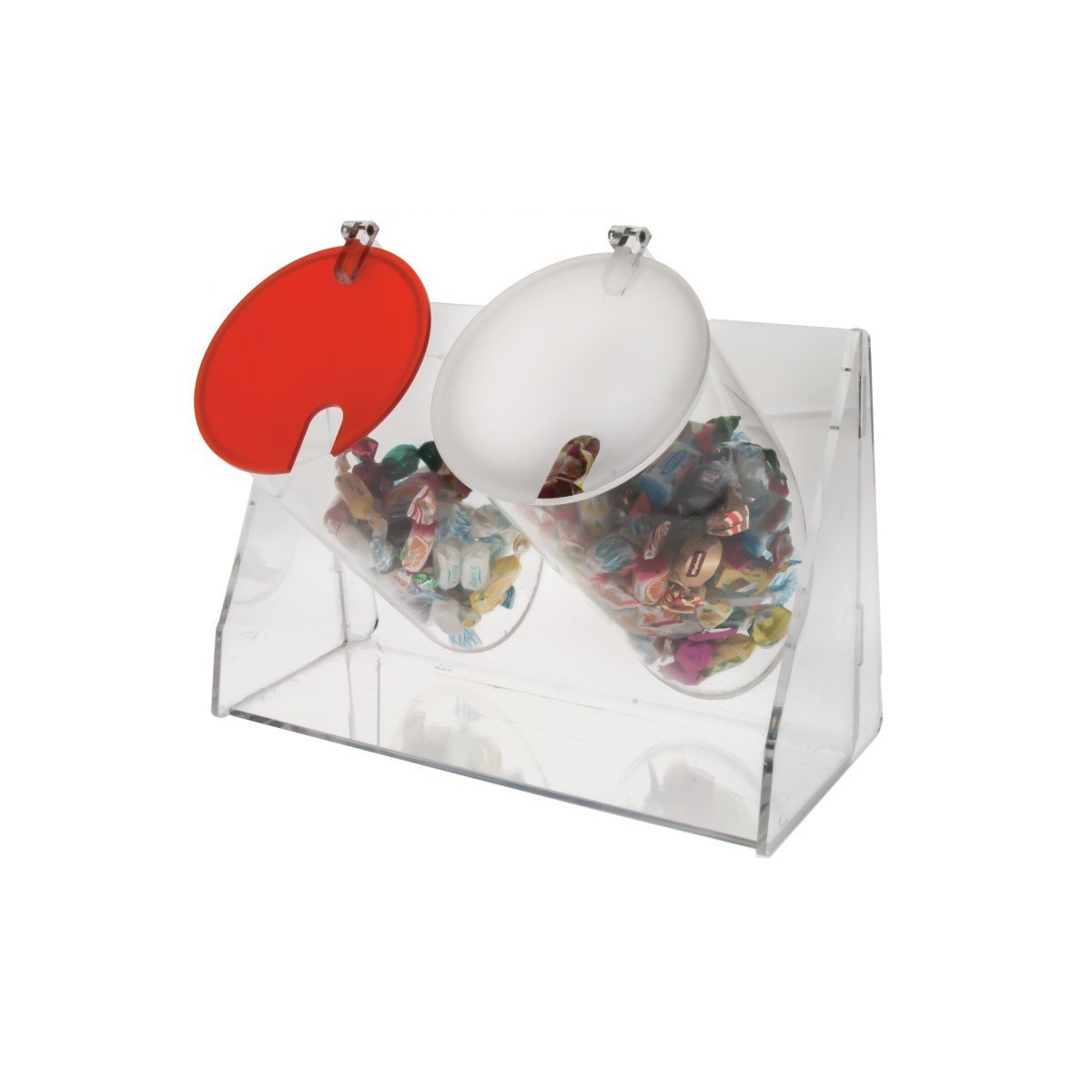 Porta Caramelle confezionate 2 contenitori circolari con sportello - Lato più Lungo di Ogni espositore 21 cm -Diametro sportello 12.5 cm - Misure Esterne: 33 x 15 x H22 cm