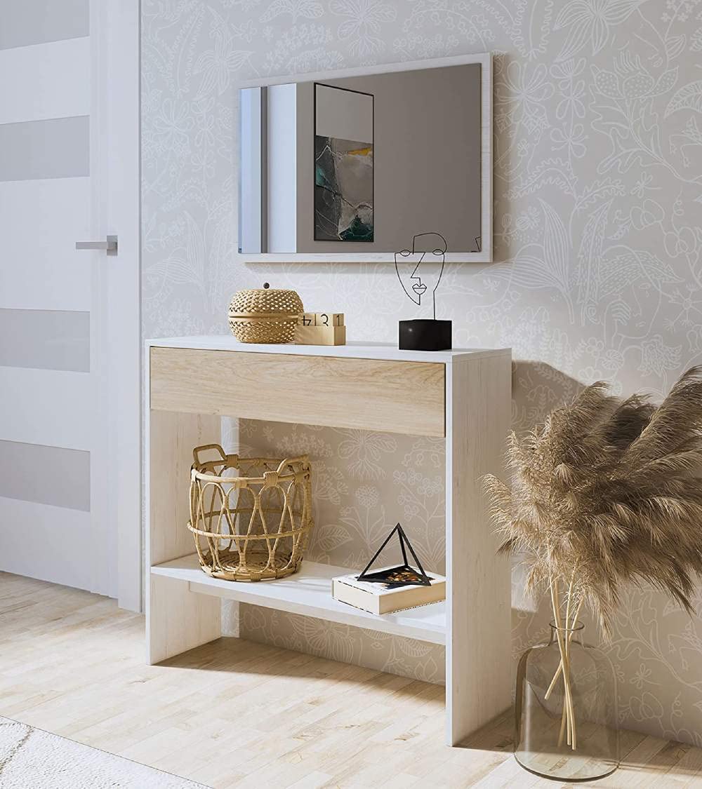 Home Heavenly® - Recibidor con Espejo Darcy, Mueble de Entrada con cajón y Estante. 91,5x85x37,9 cm. (Andersen - Puccini)