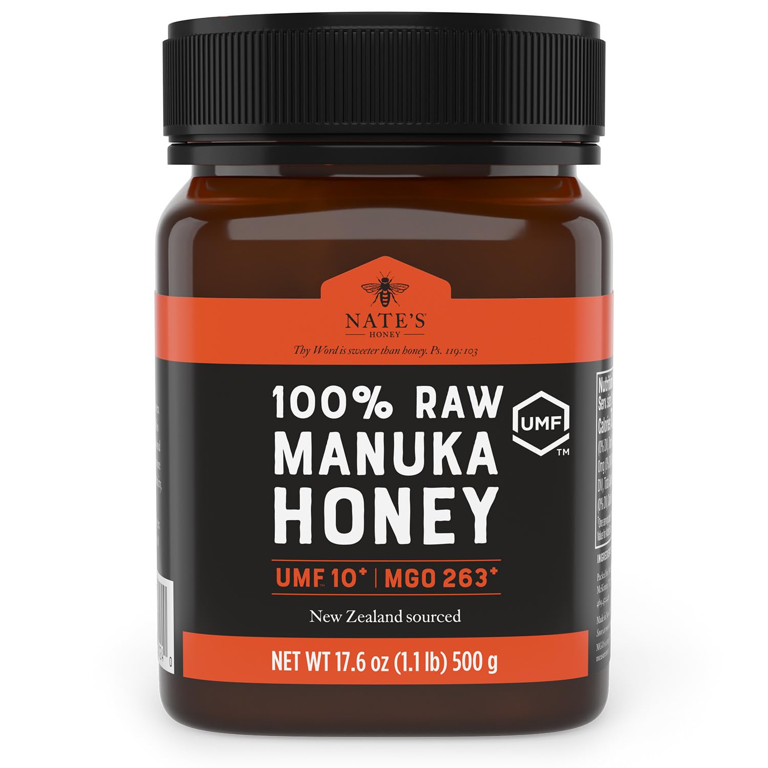 Nate's Manuka Honey UMF Certified 10+ | MGO 263+ - New Zealand Manuka Honey - All-Natural Sweetener, 17.6 oz Jar