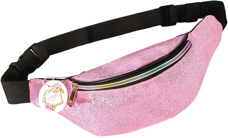 QtGirlFanny Pack for Kids, Glitter Waist Bag Shiny Bags with Adjustable Belt for Children Sport Running, Camping, Trip