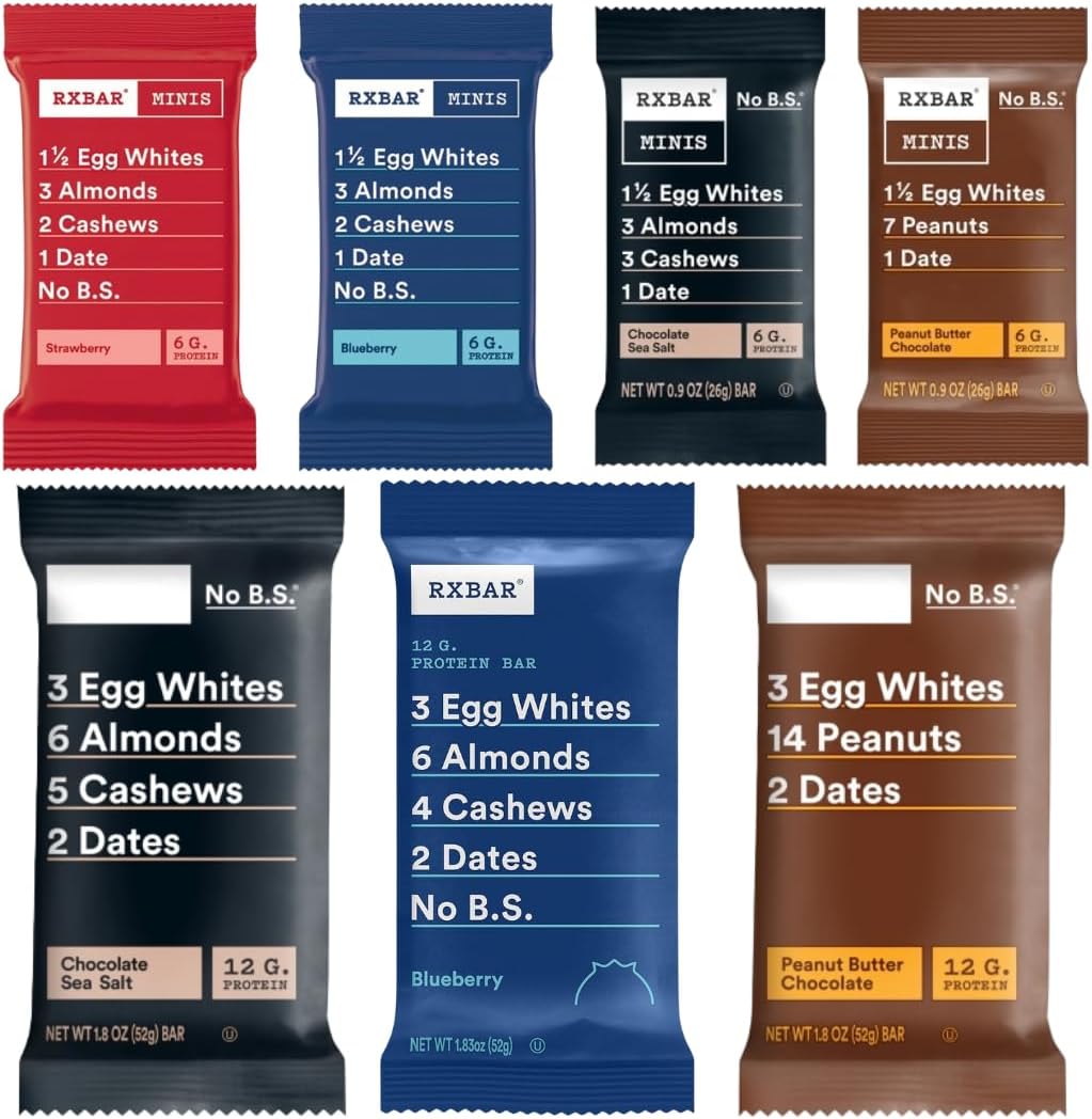 RXBAR Protein Bar Variety Pack, Regular & Mini Bars, 21 Count – Chocolate Sea Salt, Peanut Butter Chocolate, Blueberry & Strawberry – Whole Food Protein Snacks