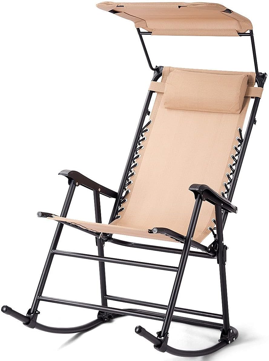 Beige Fabric Folding Zero Gravity Rocking Chair Sunshade