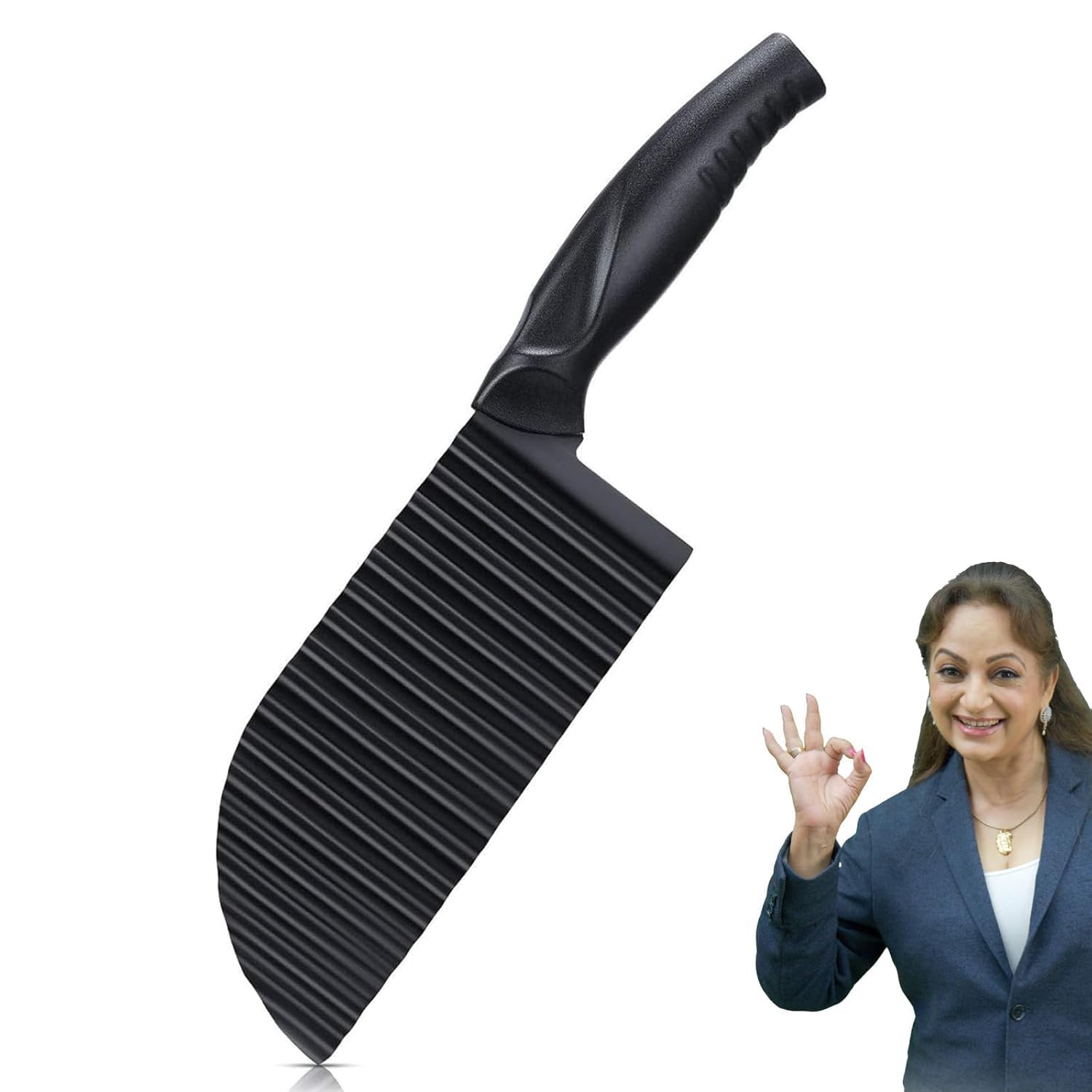 PANCA Black Crinkle Knife for Vegetables & Fruits | Wavy Cutter for Potatoes, Salad, French Fries & Chips | Non-Stick Stainless Steel Blade with Ergonomic Handle (Black Handle)