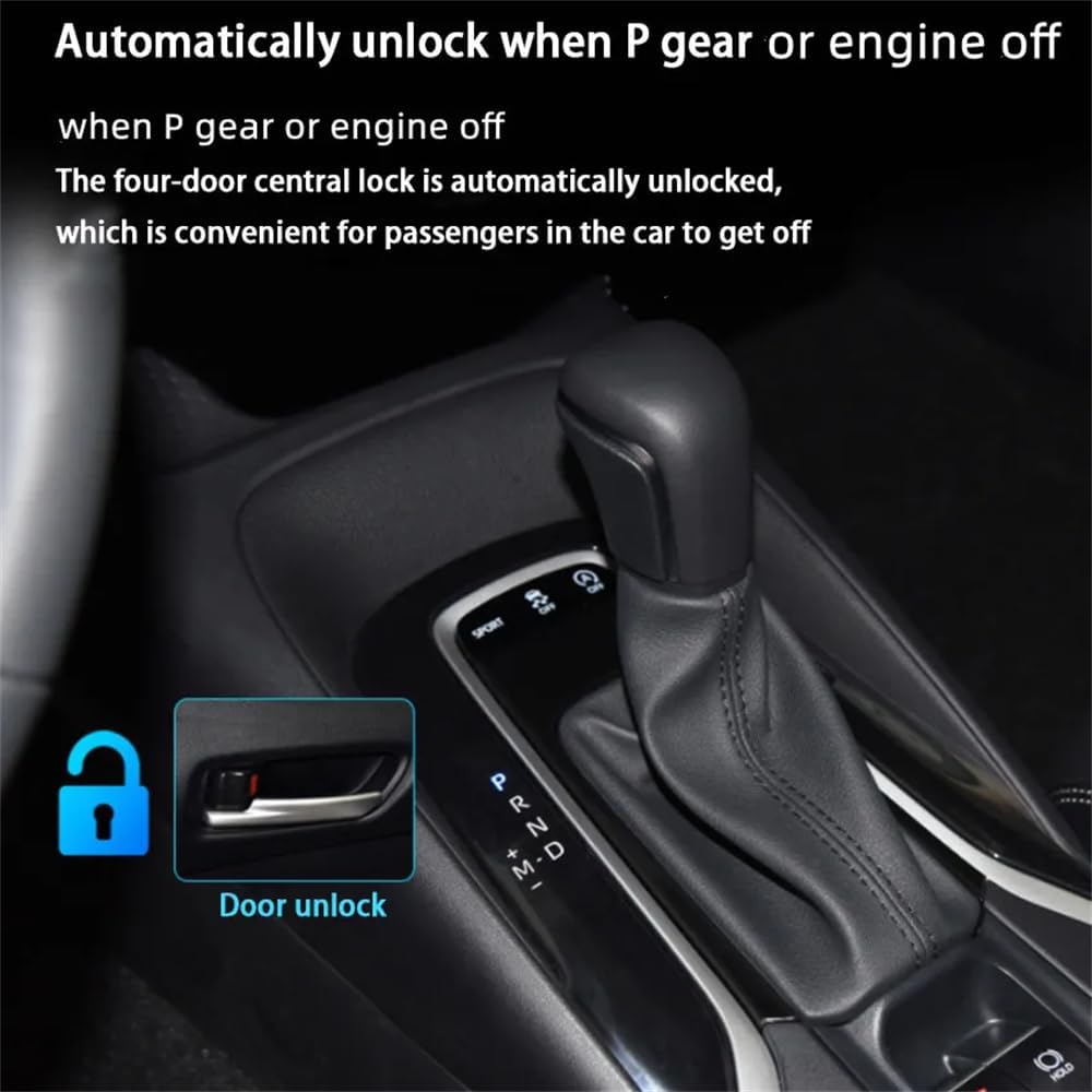 Car interior showing dashboard and gear shifter, illustrating automatic door lock when in D gear or at 15km/h