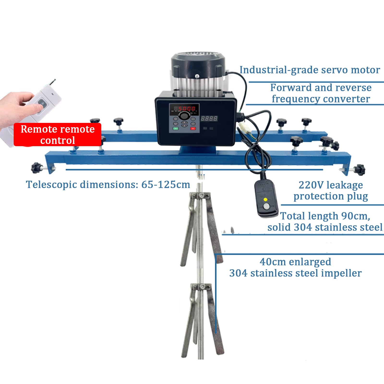 Miscelatore Elettrico Industriale per Vernici da 3080 W, Staffa Fissa Telescopica da 65 a 125 Cm, capacità di Agitazione di 1500 L, velocità Regolabile, con Telecomando