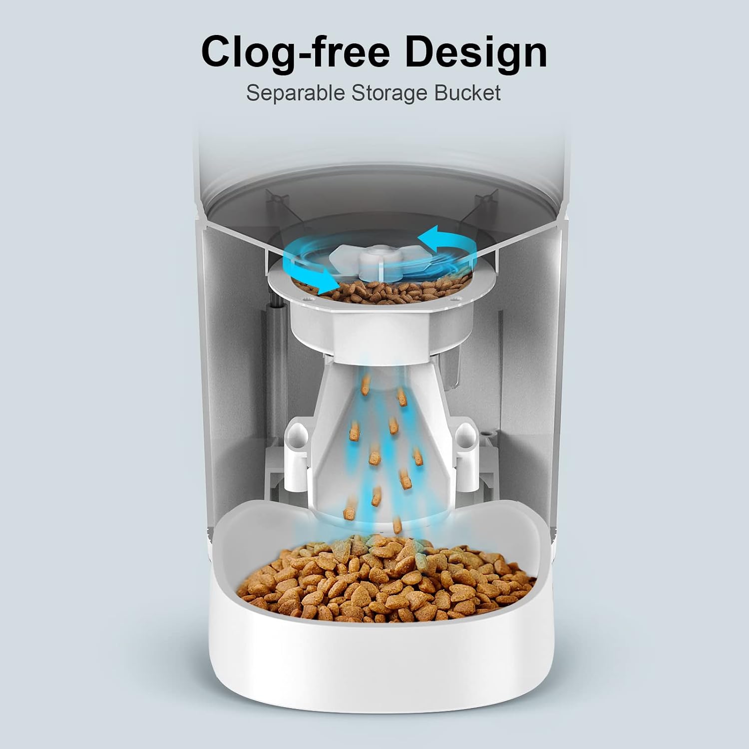 Internal view of NPET feeder showing clog-free food dispensing mechanism