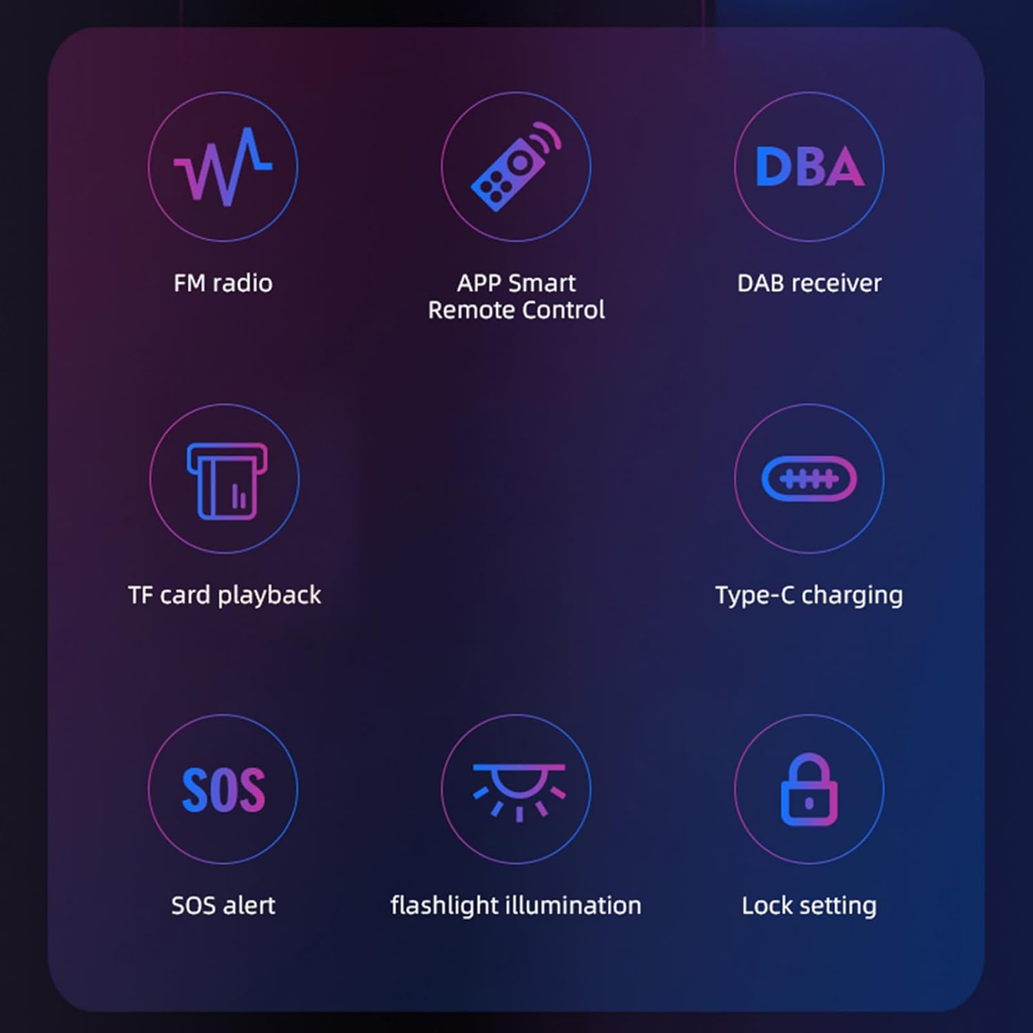 Diagram showing key features: FM radio, APP Smart Remote Control, DAB receiver, TF card playback, Type-C charging, SOS alert, flashlight illumination, Lock setting.