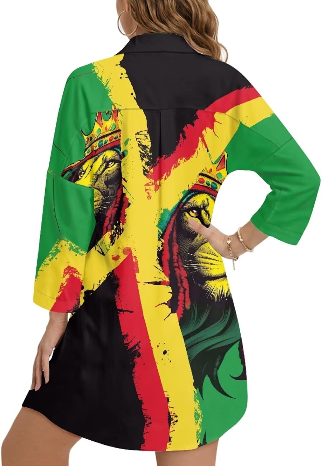 WELLFLYHOM Reggae Festival Swimsuit Cover Up for Women Button Down Bikini Coverup Long Sleeve Swimwear Dress Shirt