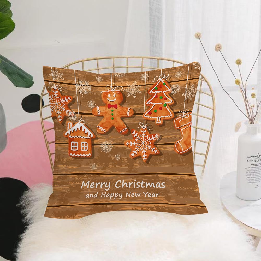 HYOSXW Cushion Cover,Throw Pillow Case Home Decorative for Living Room Bedroom Sofa Chair 16X16 Inch,Gingerbread Man,Funny Watercolor Cookies on Wooden Boards Delicious Xmas Pastry,Pillowcase 40X40cm