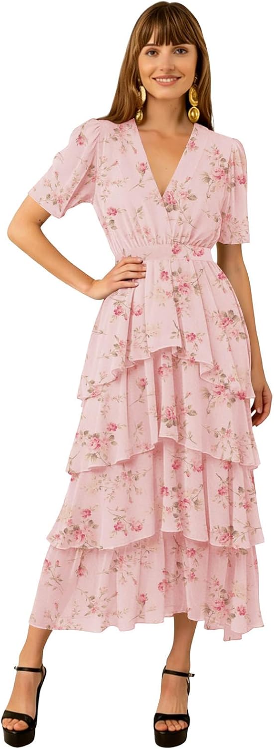 Tiered Chiffon Bridesmaid Dresses for Women with Flutter Sleeves V Neck A Line Formal Wedding Guest Dress