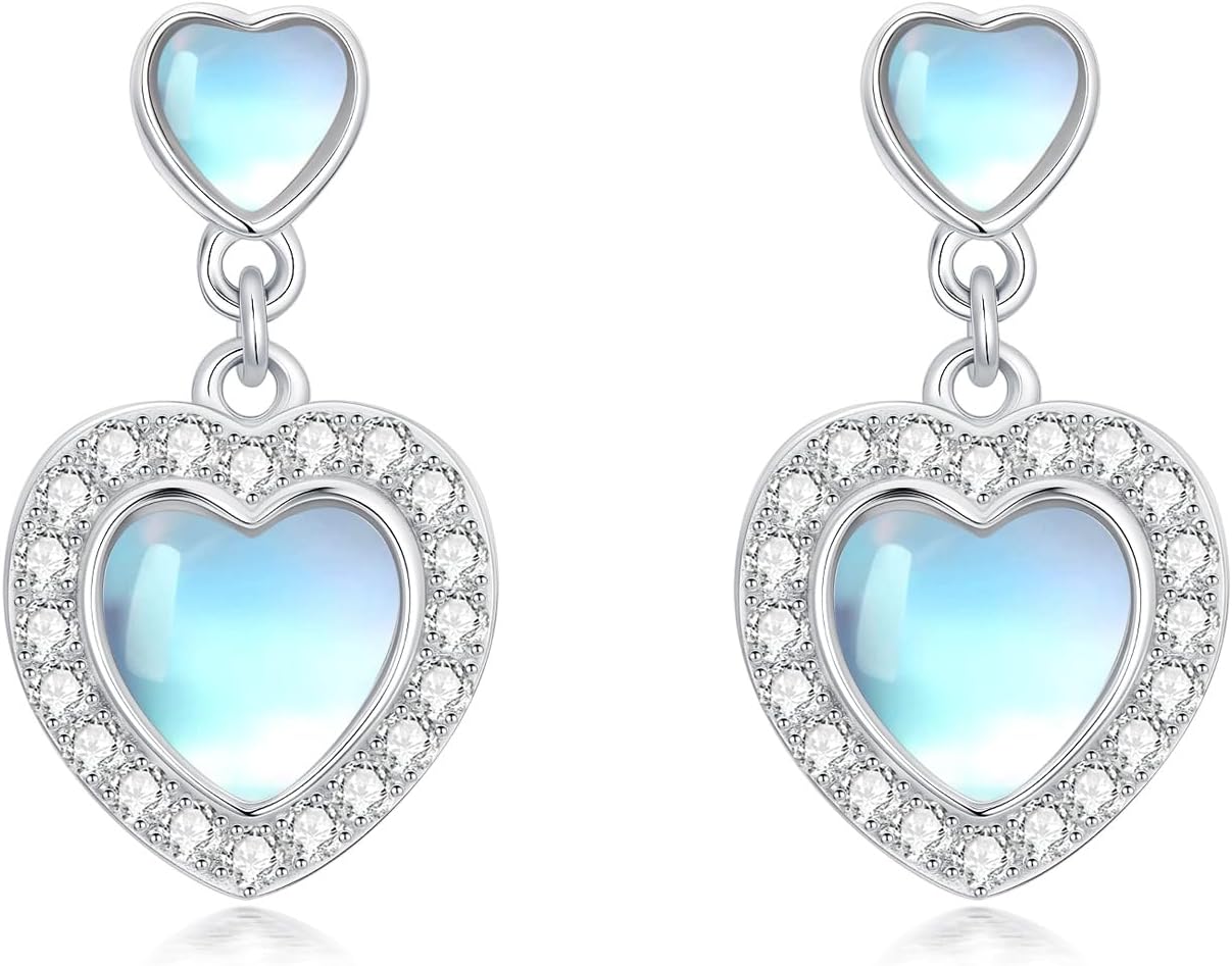 Moonstone Heart Earrings for Women 925 Sterling Silver Moonstone Heart Dangle Drop Earrings Ladies Jewelry