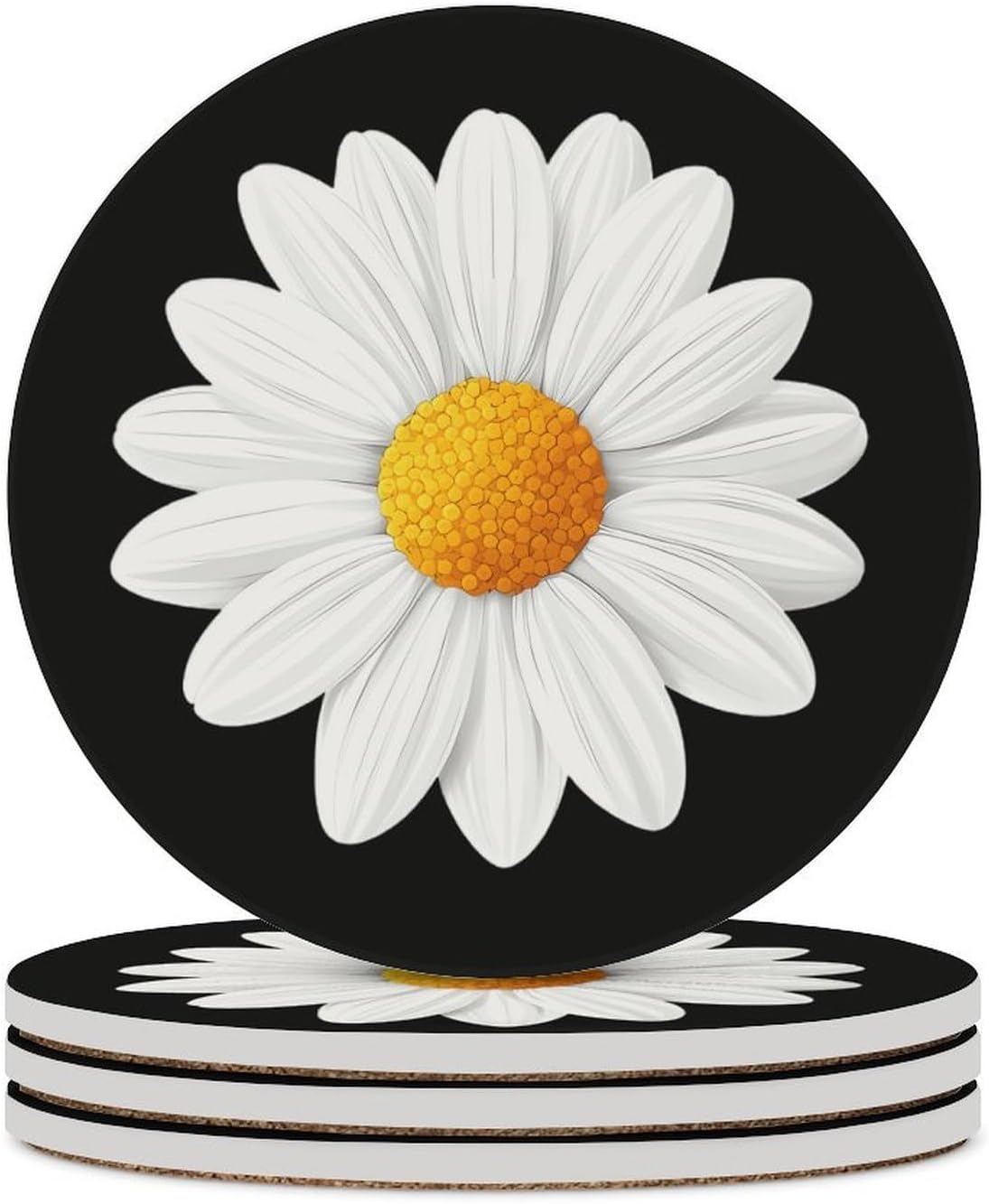 White Daisy Flower Funny Round Ceramic Coasters for Drink Absorbent Cup Holders Tabletop Protection