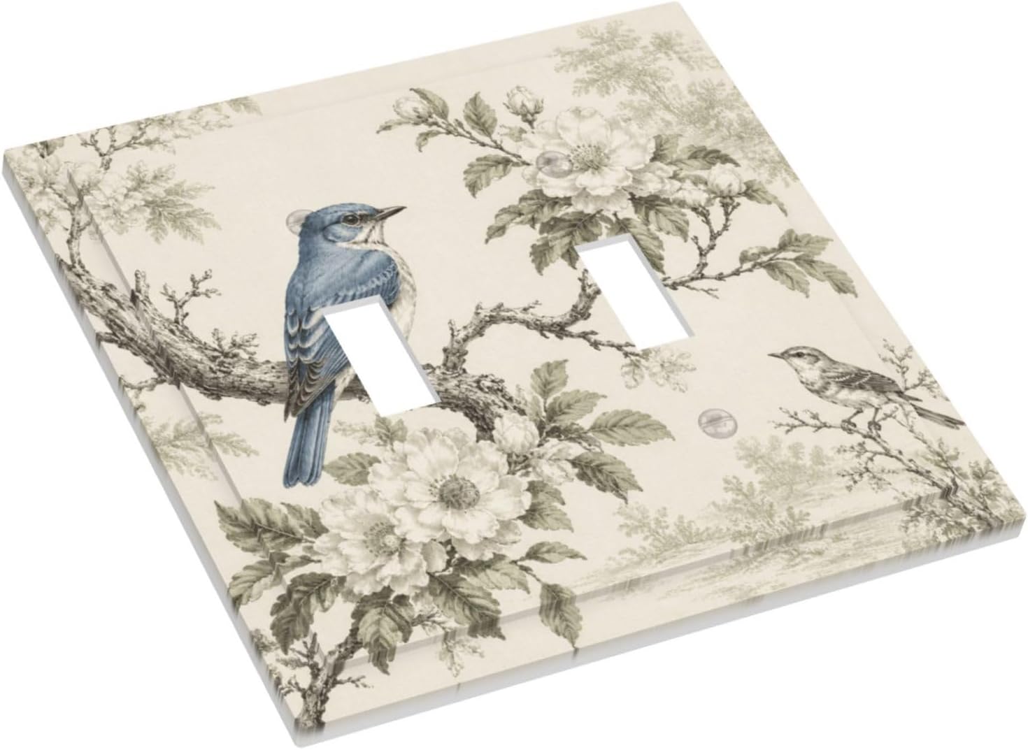 Decorative Light Switch Cover Plate Vintage Blue Jay Bird White Floral Branch 2 Gang Outlet Covers Double Toggle Wall Plates Switch Plate Covers Faceplate for Country Home Decor image 3