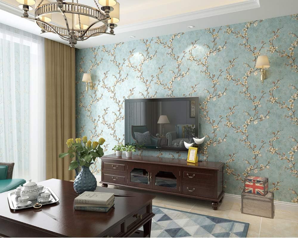 Q QIHANG 1.73' W x 32.8'L 3D Flower Tree Country Pastoral Retro Vintage Style Bedroom Living Room TV Background Non-Woven Non-Pasted Wallpaper (Light Blue)