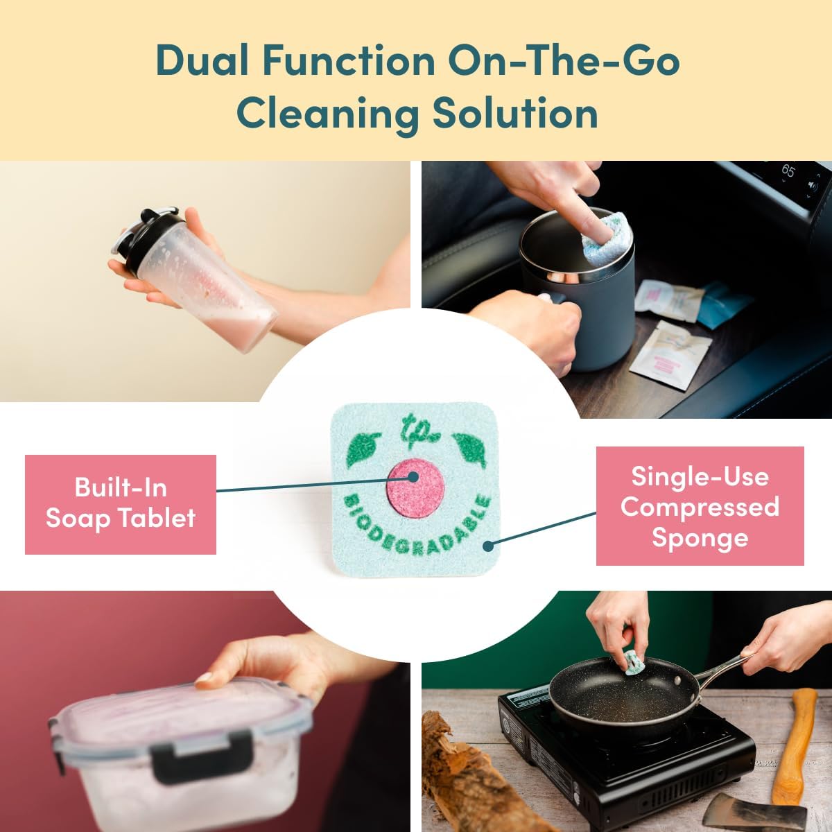 Sponge n' Go: 20-Pack Mini Travel Dish Soap & Sponges | Eco-Friendly, Soap-Infused, Single-Use Cellulose Compressed Sponges | Your On-The-Go Cleaning Companion for Trips, Camps, Work - Image 2