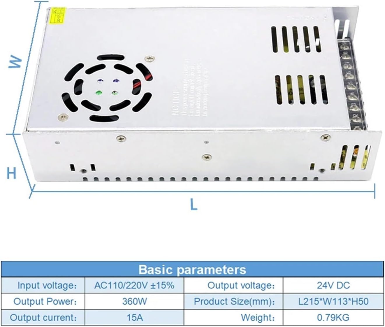Table showing basic parameters of the PGMTDEFXJO S-360-24 power supply including input voltage, output voltage, power, current, size, and weight.