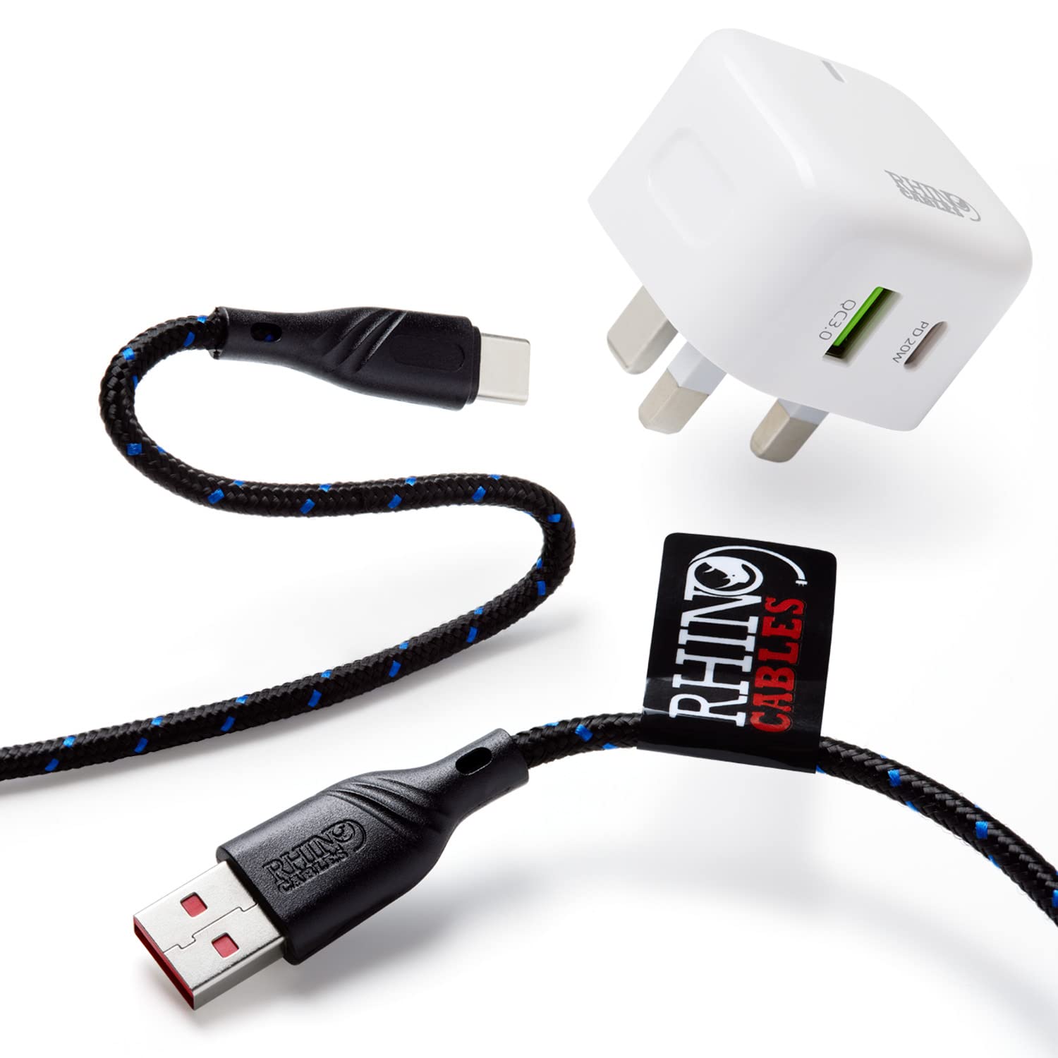 rhinocables USB C Charger Cable with Dual Port Fast Mains Charger Bundle