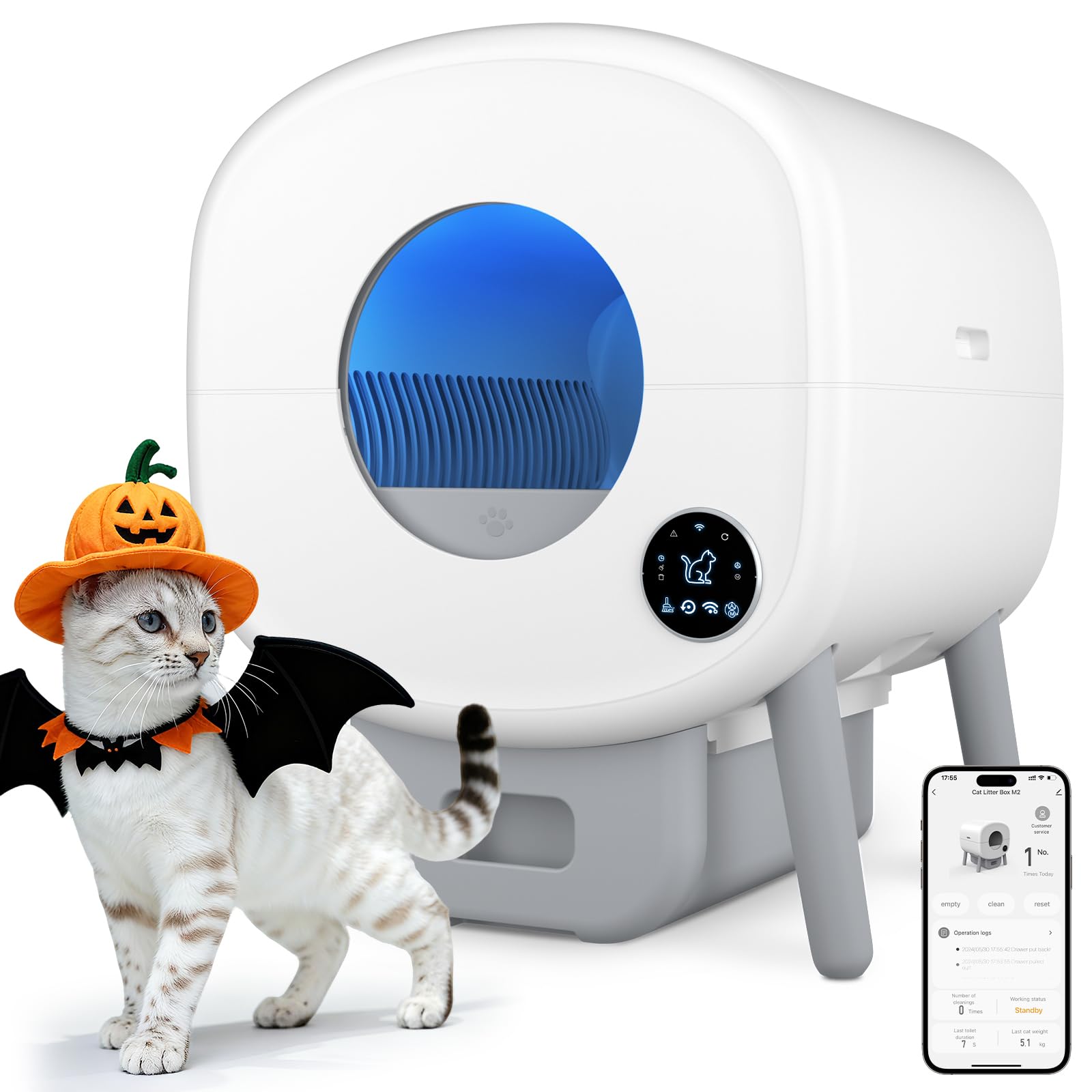 Cumrige Self Cleaning Litter Box, Large Capacity Automatic Cat Litter Box Self Cleaning for Cats, App Control,Safety Protection, 2 Roll Garbage Bags,White & Grey