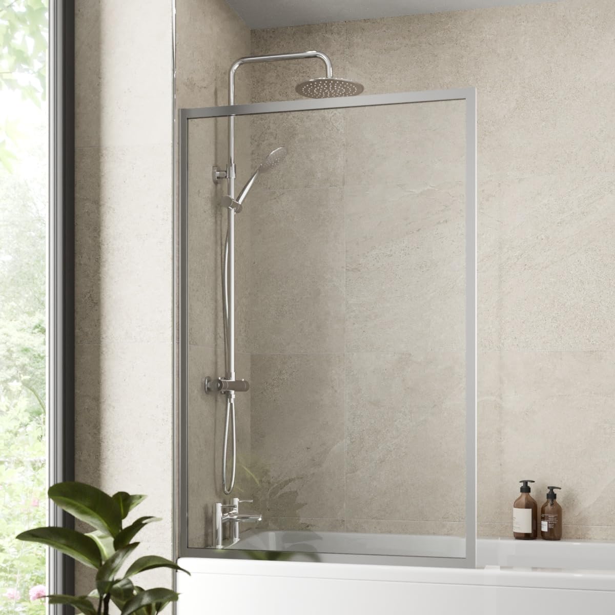 Luxura Chrome Luxura® 800 X 1400Mm Over Bath Shower Screen Fixed Door Glass Panels & Screens For Baths, Bathroom Framed Square Design, 6Mm Toughened Safety Glass