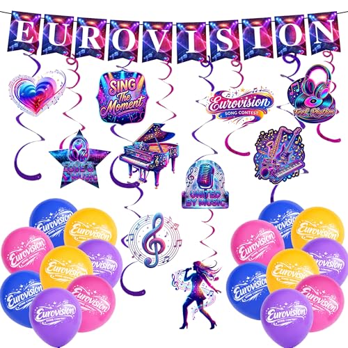 Eurovision Party Decorations 2026 Eurovision 2026 Banner Bunting Balloons Hanging Streamers Decorations for Garden Bar Restaurant Birthday Eurovision Party Supplies Home Decor