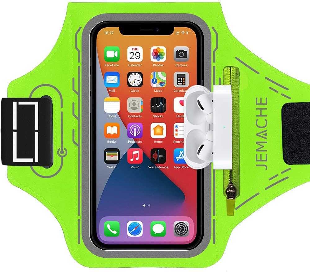 iPhone 16 15 Pro Max/Plus Armband, JEMACHE Gym Workouts Running Phone Arm Band for iPhone 16 15 14 13 12 11 Pro Max & Plus with Airpods Holder (Green)