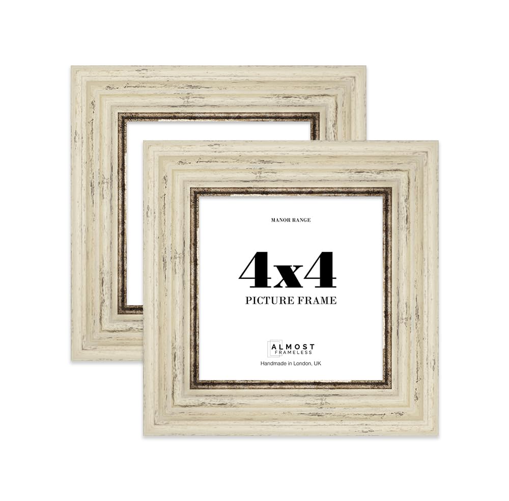 4x4 Picture Frame, Display 4x4 Pictures (10.2 x 10.2cm) - Distressed Cream Timeless 42mm Edge Classic Interior Design Décor - 2 Pack