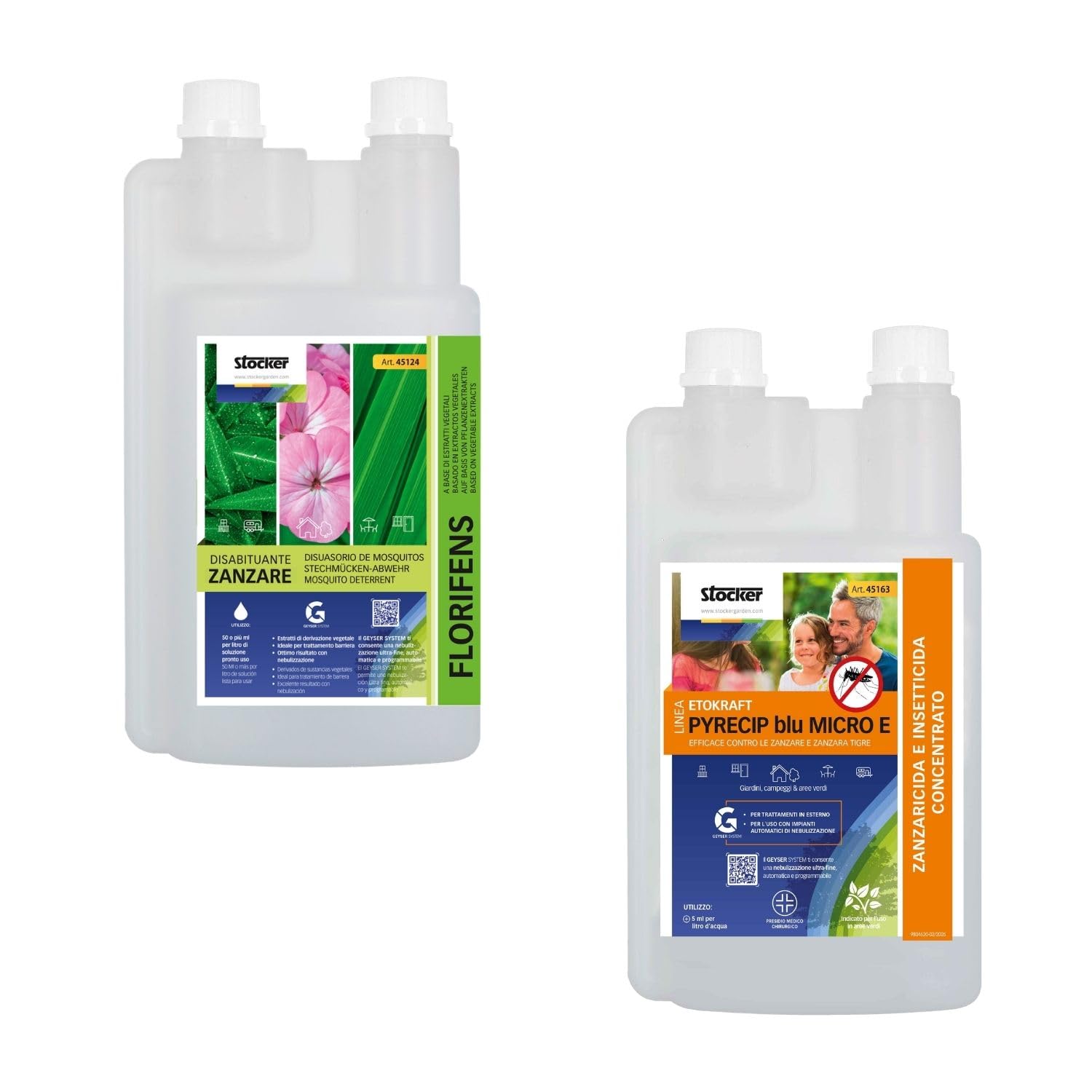 STOCKER - Kit Antizanzare Professionale 40004 1 L Zanzaricida Linea Etokraft Pyrecip Blu Micro E + 1 L Disabituante zanzare Florifens Barriera Vegetale - Trattamento per Aree Esterne e Giardino