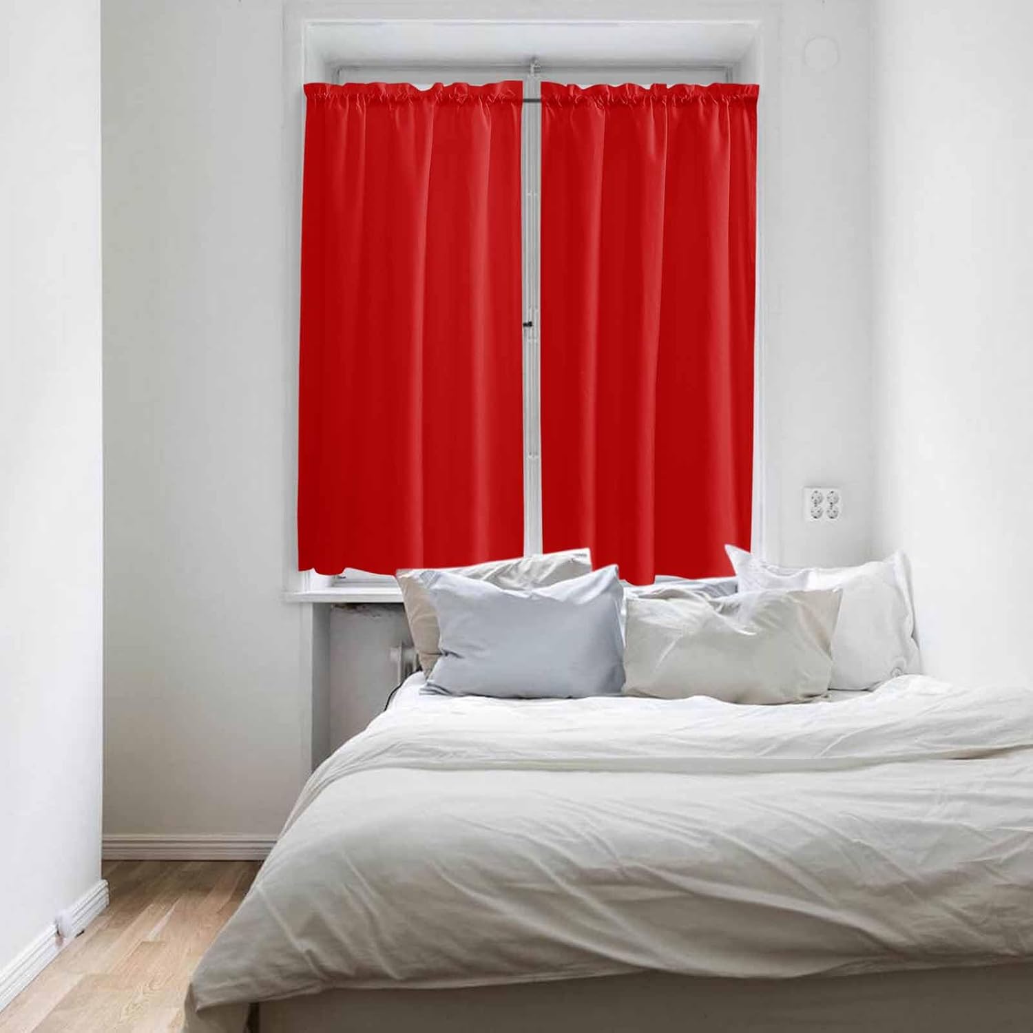 Christmas Red Kitchen Curtains, Modern Simple Xmas Red Backdrop Light Filtering Window Curtain Panels, 2Pcs Rod Pocket Window Treatments Set for Living Room Bathroom Bedroom 42x63 Inches