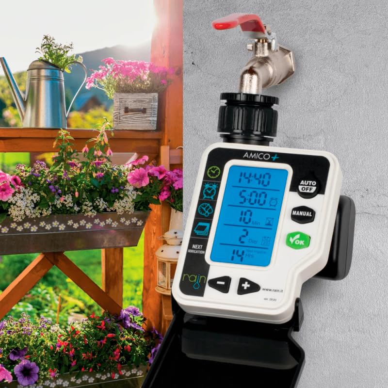 RIEGOPRO Programador de Grifo Rain Amico+. Disponible en 1 y 2 Zonas de Riego. Pantalla retroiluminada de 3" One Look Donde podrás Ver una visión inmediata de la programación. (2 Zonas)