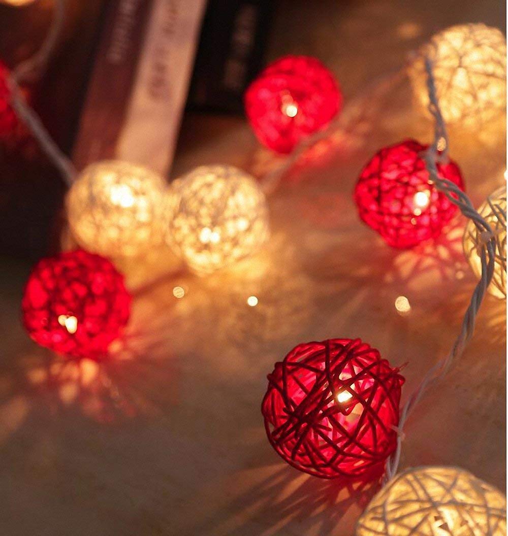 Antm Warm White+Red Rattan Ball String Lights, 3M/9.8Ft,Battery Operated 20 Led String Lights, Indoor Fairy String Lights Decorative For Bedroom Party Wedding (Warm White+Red)