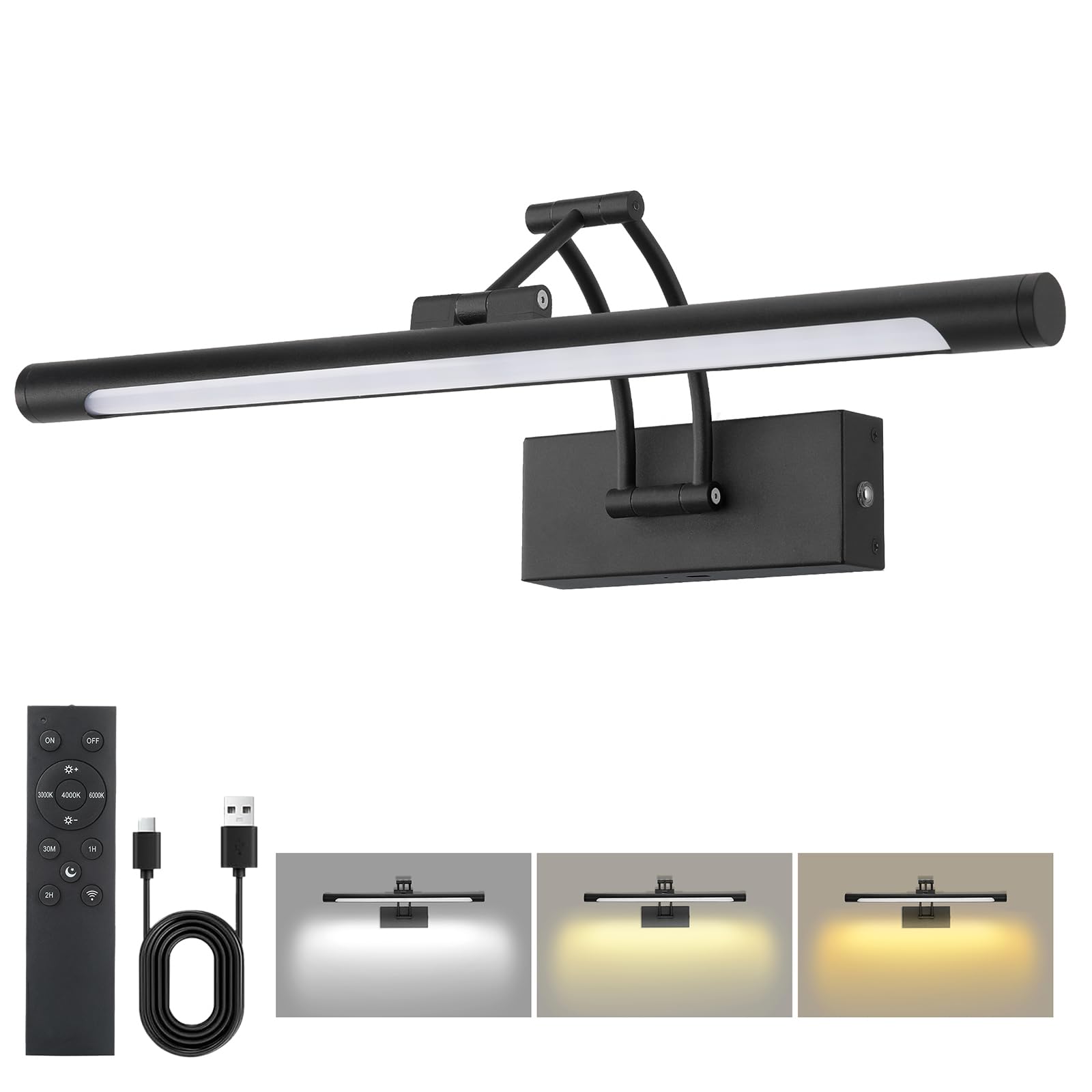 Luci per foto wireless da parete, 40,6 cm, a batteria, con timer remoto, illuminazione artistica ricaricabile per dipinti 3000 K/4000 K/6000 K, dimmerabile, per foto e bersaglio per freccette