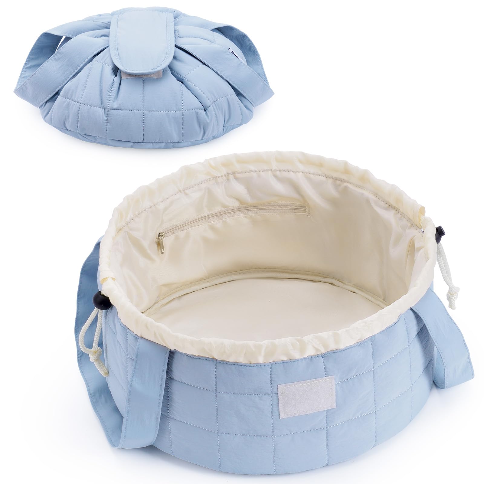 Narwey Lay Flat Open Drawstring Makeup Bag Large Quilted Cosmetic Bag for Women Girls Cute Make up Bags