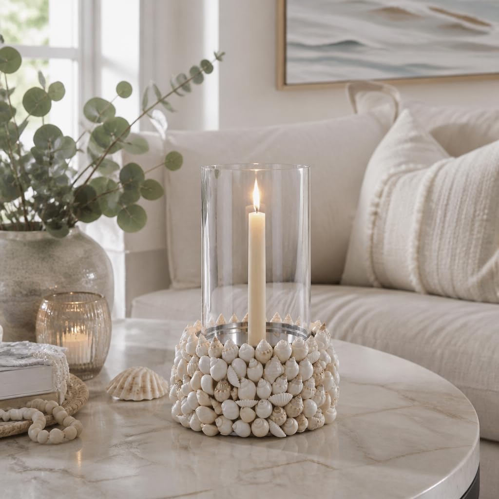 Sagebrook Home Elegant Seaside Shell & Glass Candle Holder Decor Piece