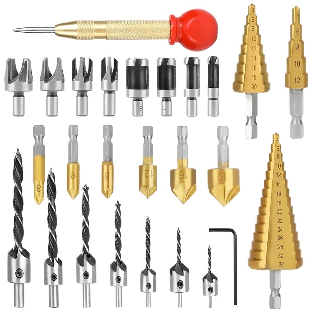 Juego de posicionador perforación broca escalonada for carpintería, herramienta abridora agujeros, 26 Uds(Without Box)