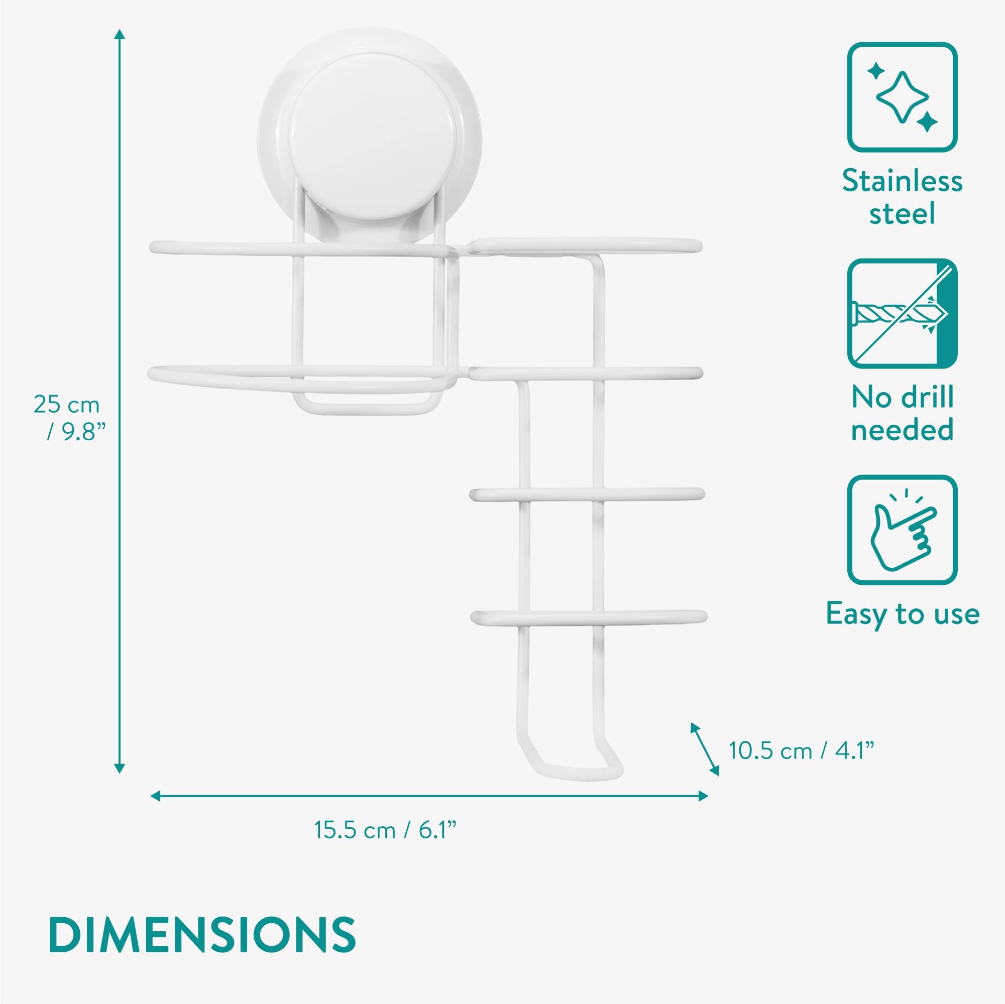 Porta Phon Con Ventosa - Supporto Muro Per Asciugacapelli E Piastre Senza Foratura, Argento - Foto 7