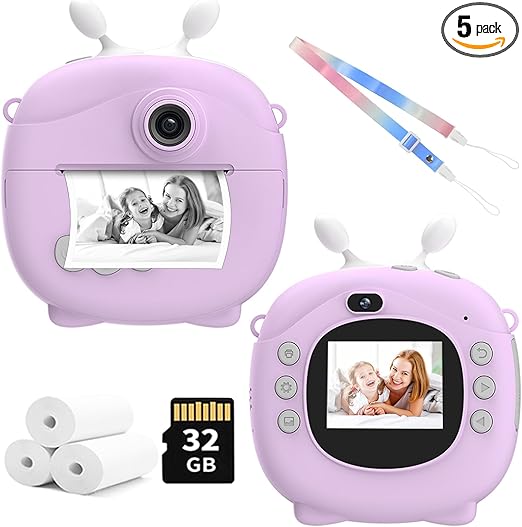 Kids Instant Print Camera, Christmas Birthday Gifts for Girls Boys, Portable Travel Toy for 3 4 5 6 7 8 9 10 Year Old Child, with 32GB SD Card-Purple