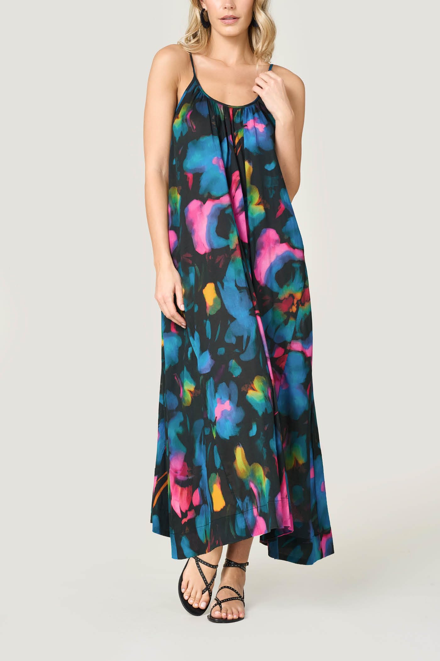 Goldenpoint Donna Copricostume Estivo Waterpop - Abito Lungo Maxi Smanicato con Spalline Sottili in Tessuto Leggero Fantasia Astratta Multicolor