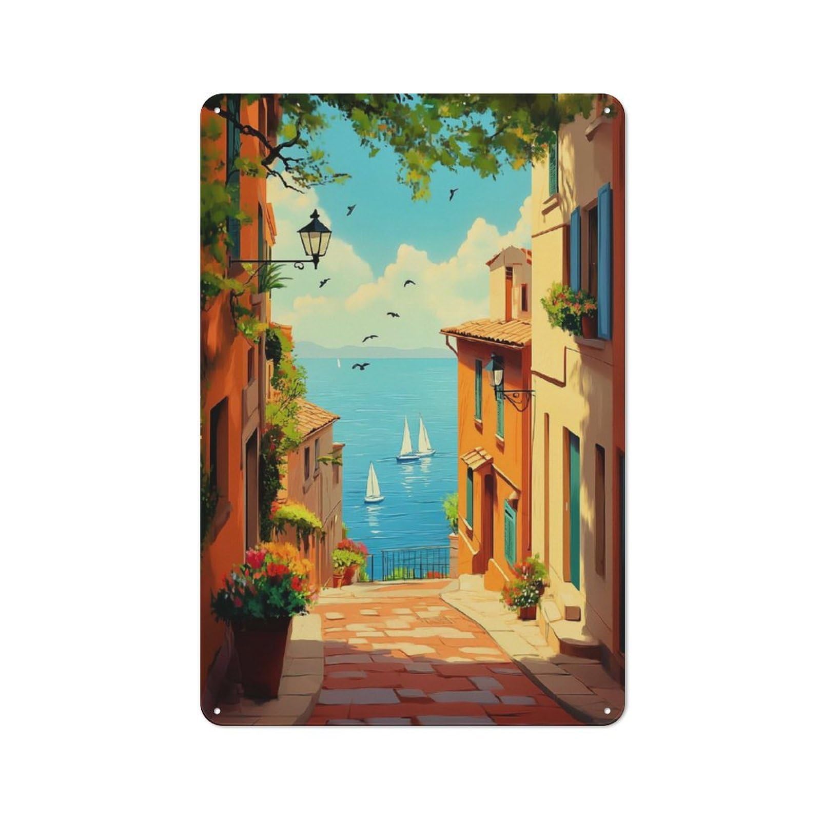 Junmoney Style-9 Tin Sign 30X20cm With Mediterranean Street View For Garage Wall, Retro-Style Decor, For Room Styling Across Garages And Workshops