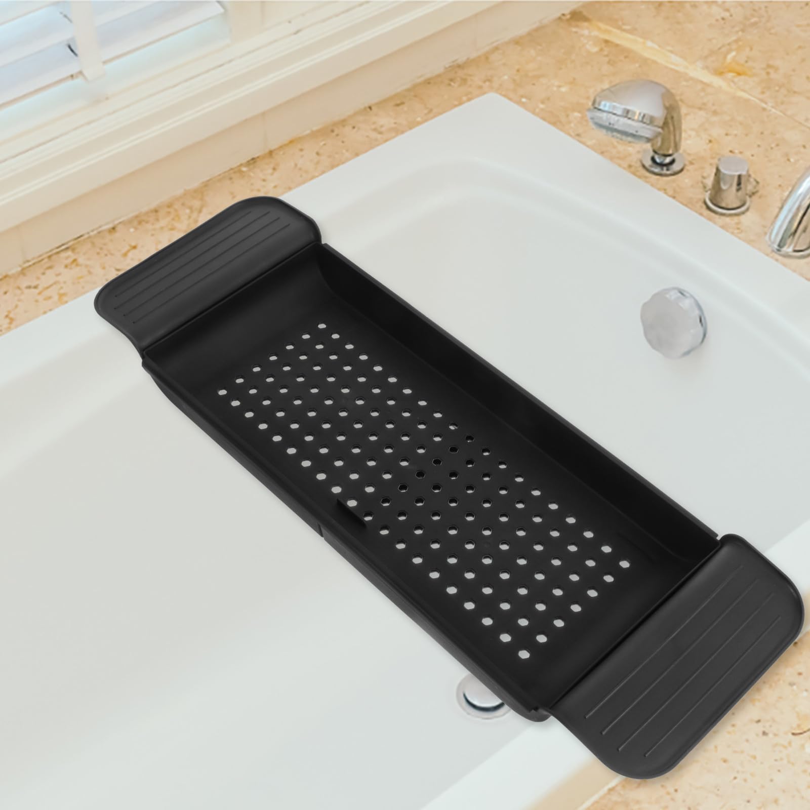 Ausziehbare Badewannenablage aus Kunststoff Verstellbares Badewannentablett mit Tablet und Glashalter Schwarze Badewannenhalterung für Badewannengrößen