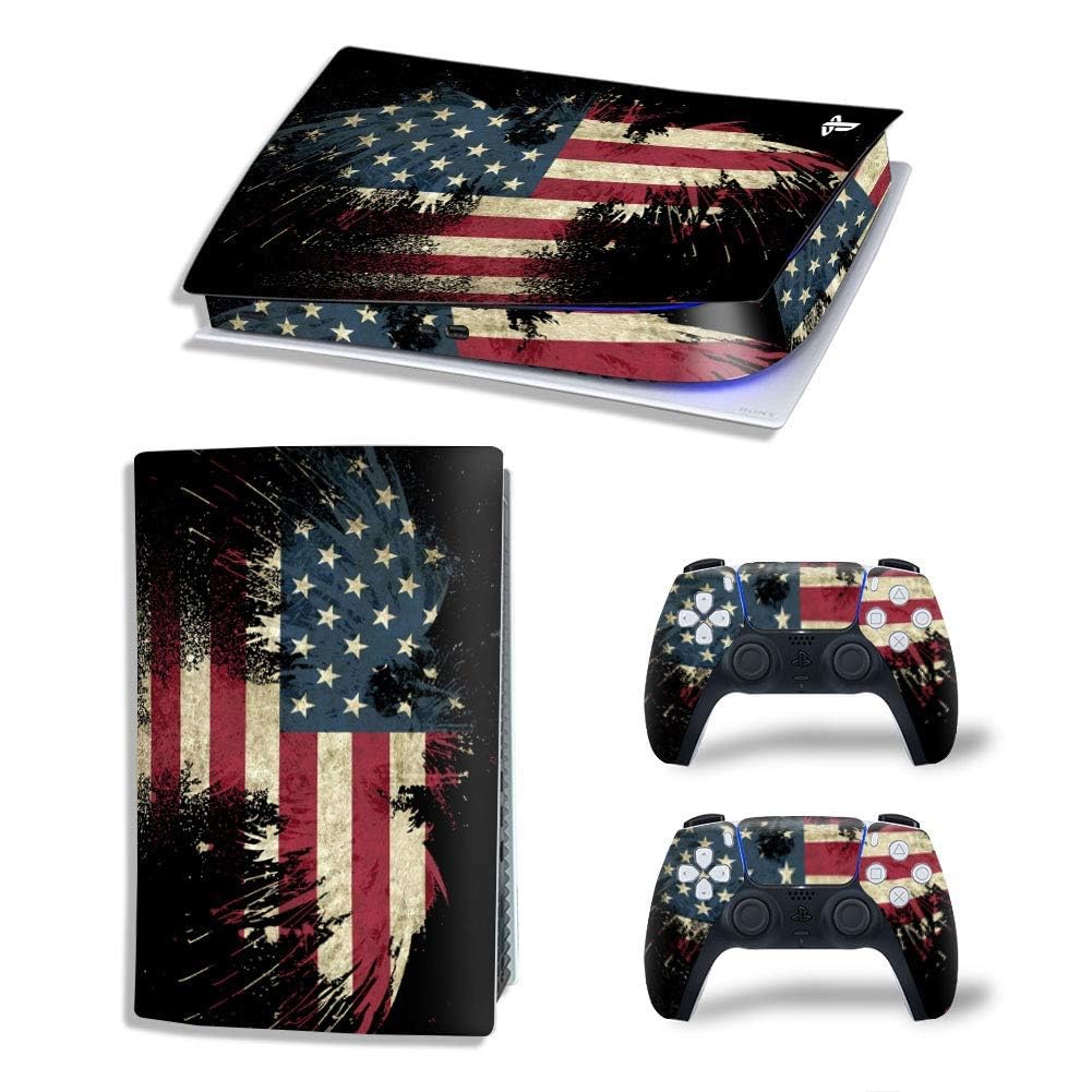 American Flag Them 3M Vinyl Sticker Decals for PlayStation 5 Disk Version Console and Two Dual Sense 5 Sticker Skins Black PS5 Skin Console and Controller Design [Video Game]-image-0