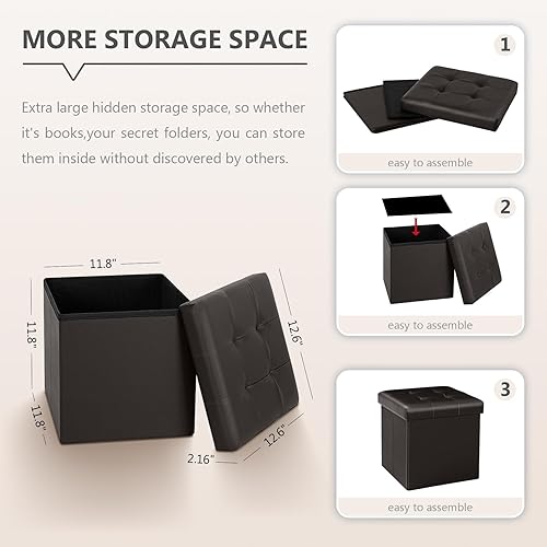 Miniatura 2 de B FSOBEIIALEO Asiento otomano de almacenamiento con reposapiés de piel sintética, color marrón, 12.6 x 12.6 x 12.6 pulgadas (paquete de 2)